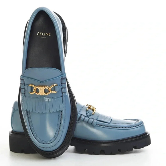 CELINE Blue Jean Margaret Triomphe Chain Polished Chunky Lug Sole Loafers 38.5 - Picture 1 of 9